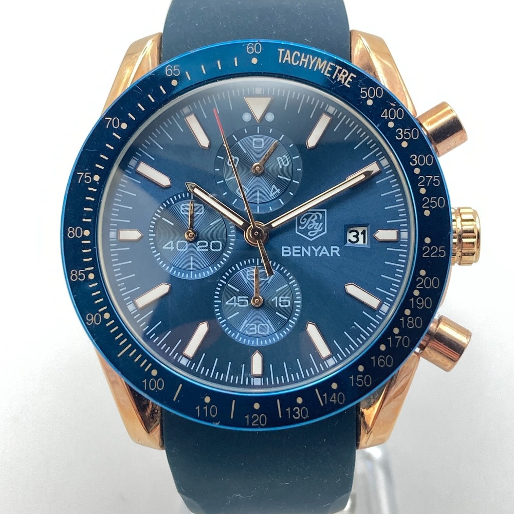 Benyar Men's Chronograph Watch 44mm Rose Gold Tone Date Navy Blue New Battery